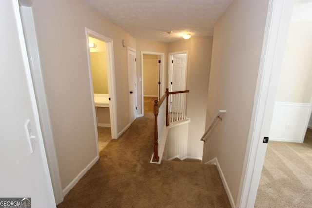 hall featuring a textured ceiling and light colored carpet