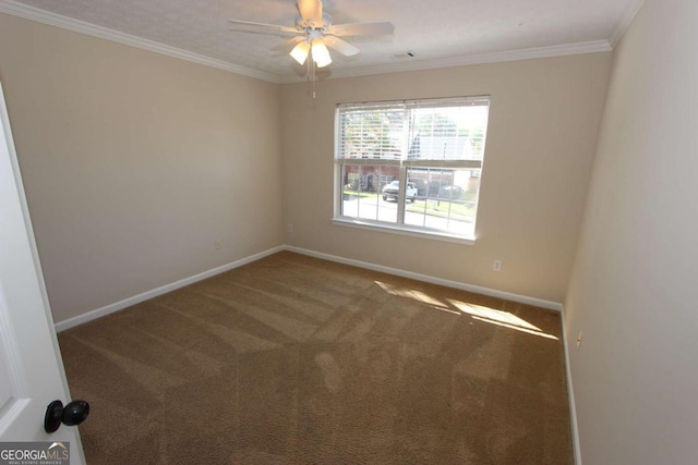 unfurnished room featuring ceiling fan, crown molding, a textured ceiling, and carpet flooring