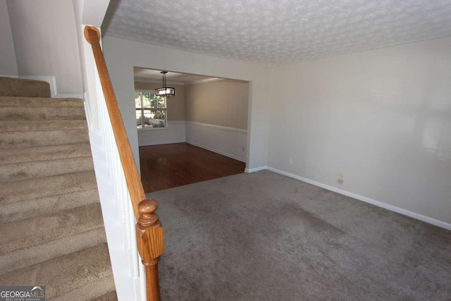 staircase with a textured ceiling and carpet flooring