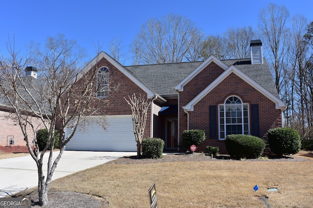 view of front of house with a garage, concrete driveway, a chimney, roof with shingles, and brick siding