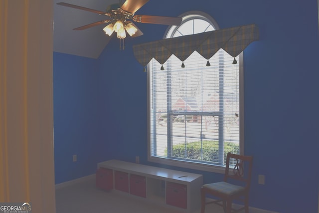 unfurnished dining area with vaulted ceiling and ceiling fan