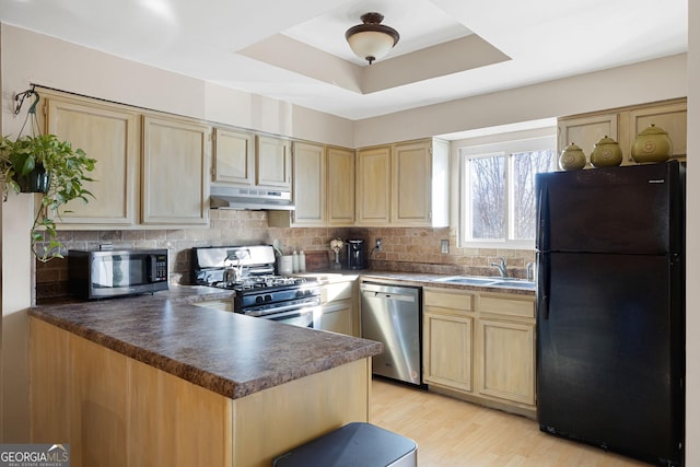 kitchen with light brown cabinets, stainless steel appliances, sink, light wood-type flooring, and a tray ceiling