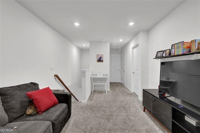 living room featuring light colored carpet