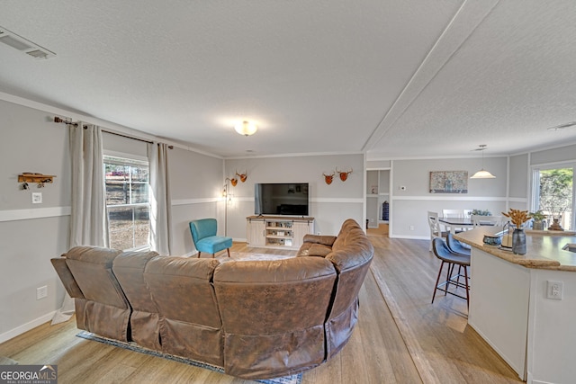 living room with a textured ceiling, built in shelves, light hardwood / wood-style flooring, and a healthy amount of sunlight