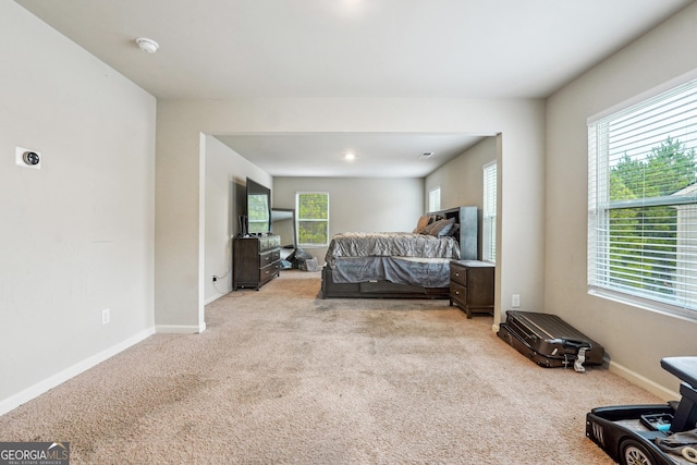 bedroom with light carpet