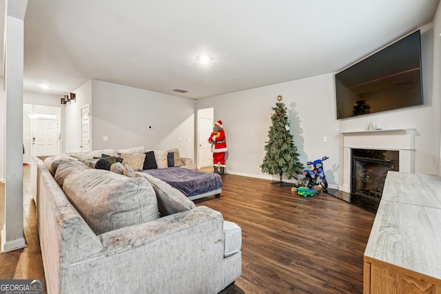 living room featuring dark wood-type flooring and a high end fireplace