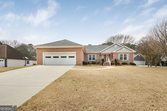 ranch-style home with a garage, brick siding, driveway, roof with shingles, and a front yard