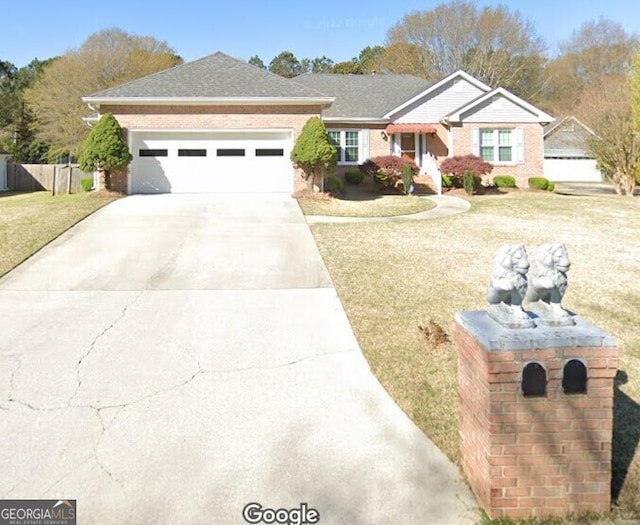 single story home with a garage and a front yard