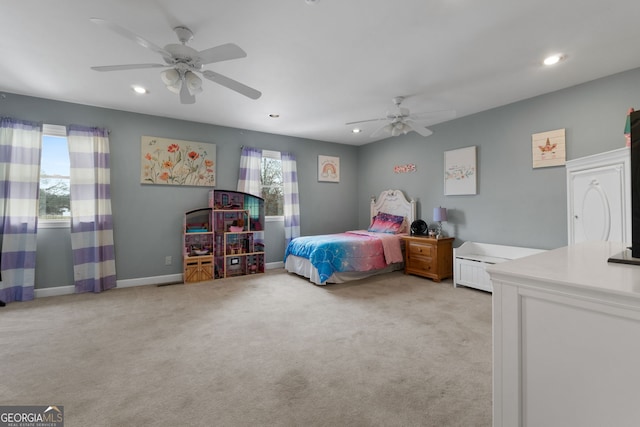 carpeted bedroom with a ceiling fan, recessed lighting, and baseboards