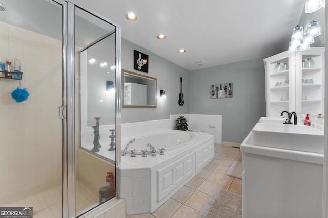 full bath featuring a garden tub, recessed lighting, a stall shower, vanity, and tile patterned floors