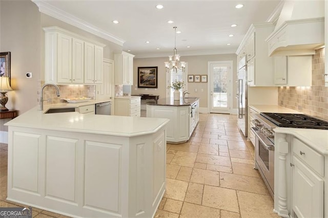 kitchen featuring a center island, sink, hanging light fixtures, custom range hood, and high quality appliances