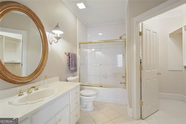 full bathroom featuring toilet, enclosed tub / shower combo, tile patterned floors, and ornamental molding