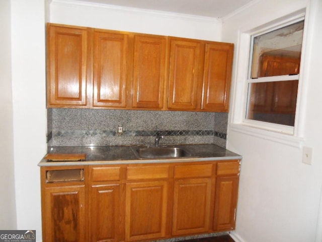 kitchen with backsplash, sink, and ornamental molding