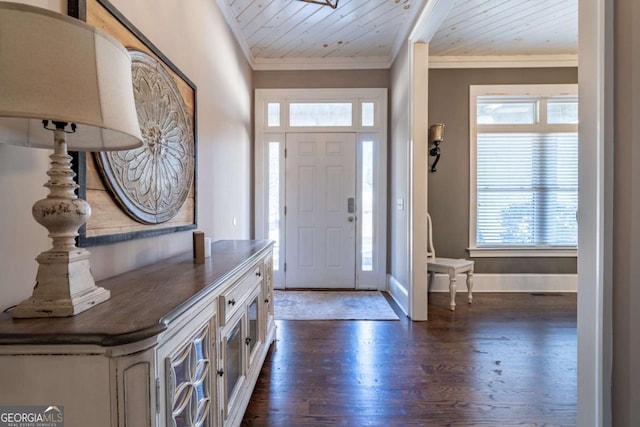 entryway featuring wooden ceiling, dark hardwood / wood-style flooring, and ornamental molding