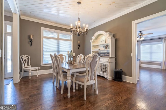 dining area with ceiling fan with notable chandelier, dark hardwood / wood-style floors, ornamental molding, and wood ceiling