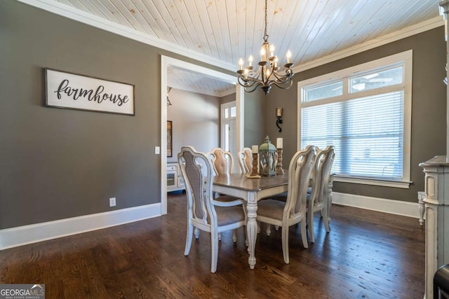 dining area featuring dark wood-type flooring, wood ceiling, an inviting chandelier, and crown molding