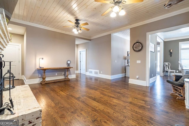 living room featuring dark wood-type flooring, wooden ceiling, ornamental molding, and ceiling fan