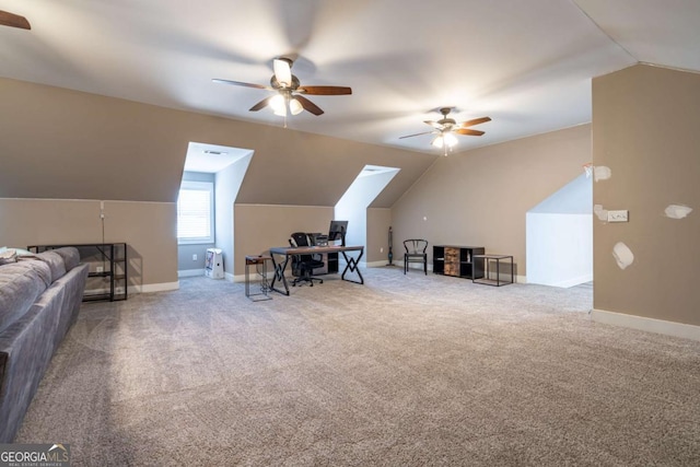 bonus room with ceiling fan, carpet, and lofted ceiling