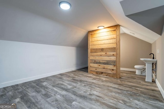 additional living space featuring sink, dark hardwood / wood-style flooring, and vaulted ceiling