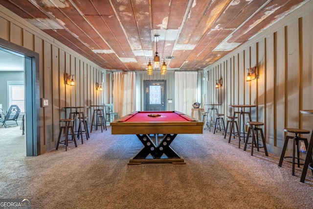 rec room featuring carpet, wood ceiling, and pool table