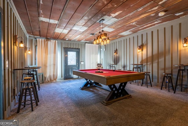 rec room featuring carpet, billiards, and wooden ceiling