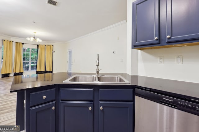 kitchen featuring dishwasher, an inviting chandelier, sink, kitchen peninsula, and blue cabinets