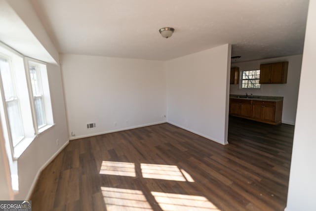 spare room featuring dark hardwood / wood-style flooring, plenty of natural light, and sink