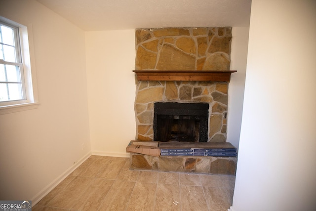 room details with a stone fireplace