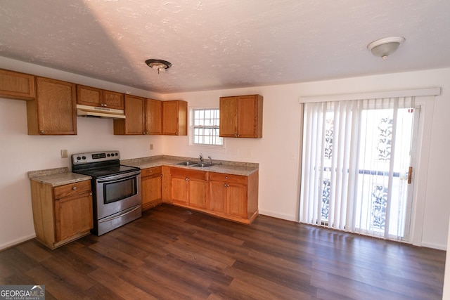 kitchen featuring electric stove, dark hardwood / wood-style flooring, sink, and a textured ceiling