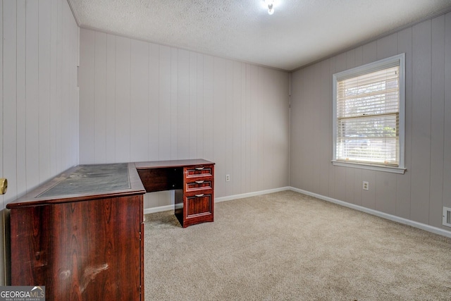 unfurnished office featuring light colored carpet and wood walls