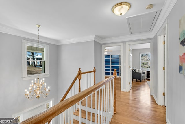 hall with ornamental molding and light wood-type flooring