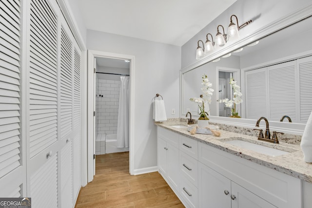 bathroom with vanity and wood-type flooring