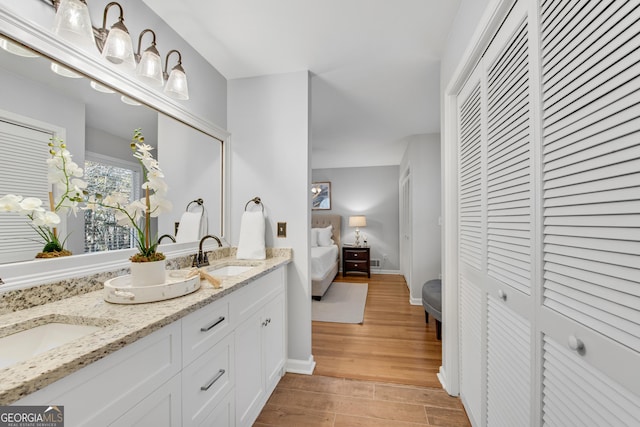 bathroom with wood-type flooring and vanity