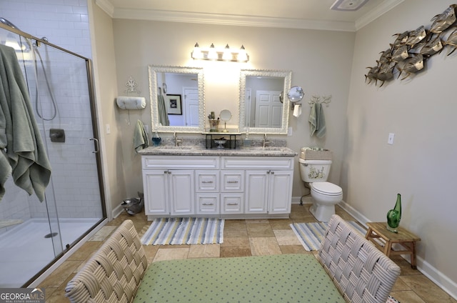 bathroom with a shower with shower door, vanity, toilet, and ornamental molding