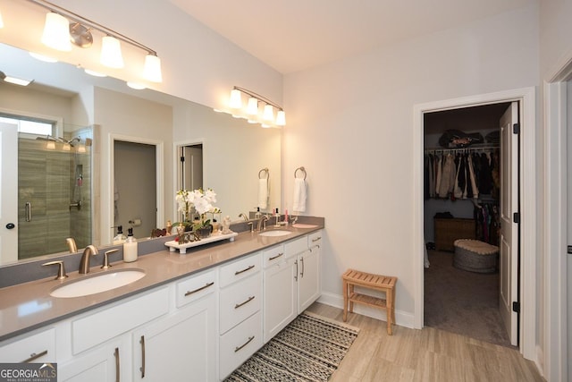 bathroom with vanity and a shower with shower door