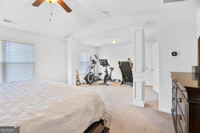 bedroom with light carpet, ceiling fan, and lofted ceiling