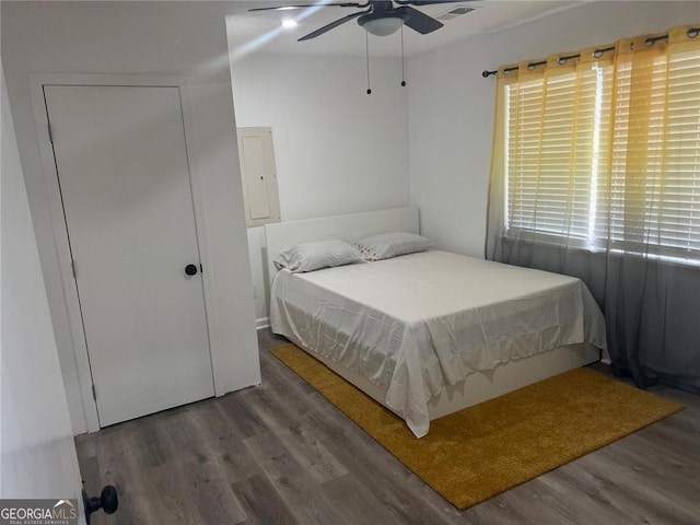 bedroom with ceiling fan and dark wood-type flooring