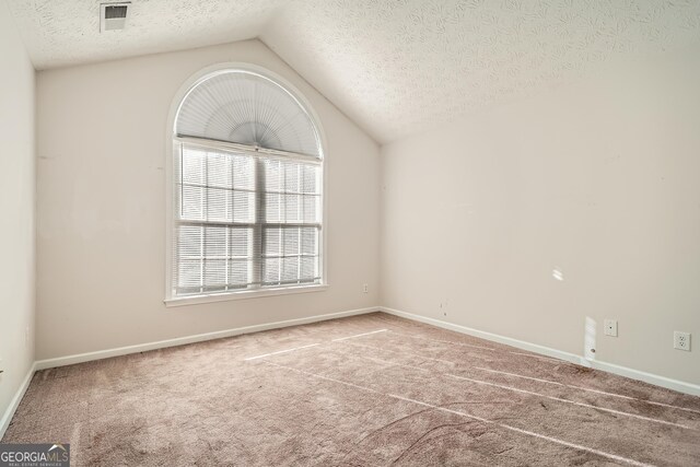 empty room featuring a textured ceiling, carpet, and lofted ceiling