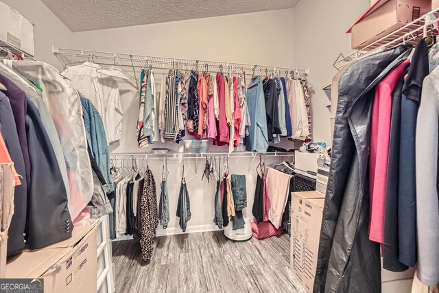 walk in closet with lofted ceiling and hardwood / wood-style floors