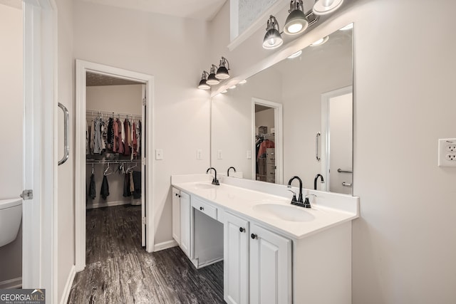 bathroom with hardwood / wood-style floors and vanity