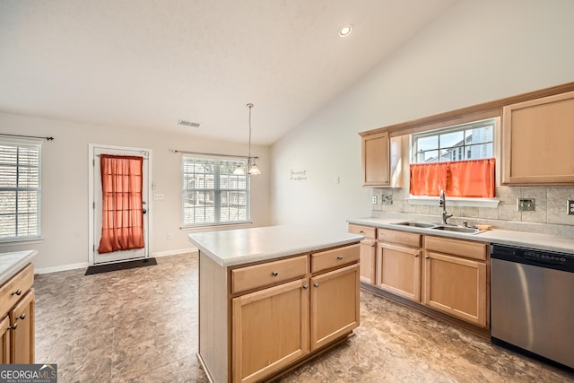 kitchen with tasteful backsplash, stainless steel dishwasher, sink, hanging light fixtures, and light brown cabinets