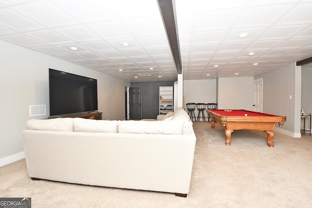 rec room with light colored carpet and pool table