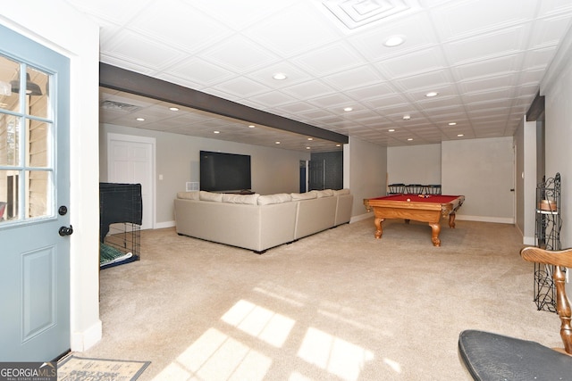 rec room with light colored carpet and pool table