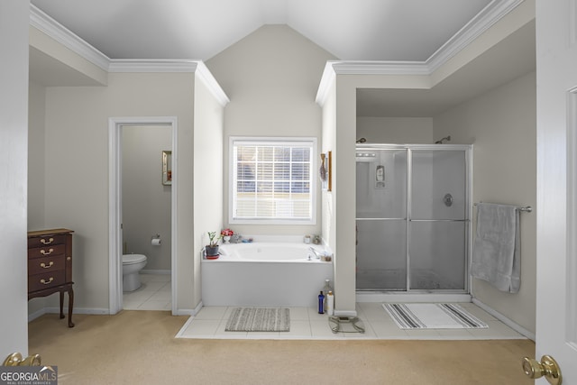 bathroom featuring toilet, ornamental molding, tile patterned floors, and plus walk in shower