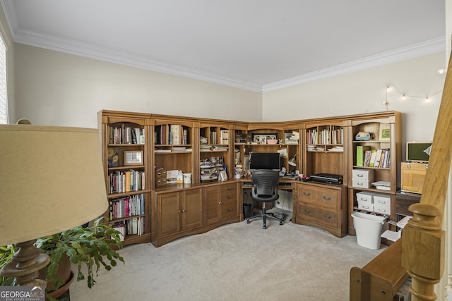 office with light carpet and ornamental molding