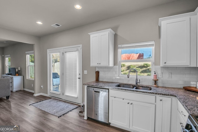 kitchen featuring sink, backsplash, white cabinets, and dishwasher