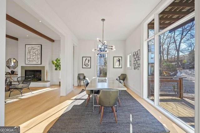 dining area with a fireplace with raised hearth, plenty of natural light, wood finished floors, and an inviting chandelier