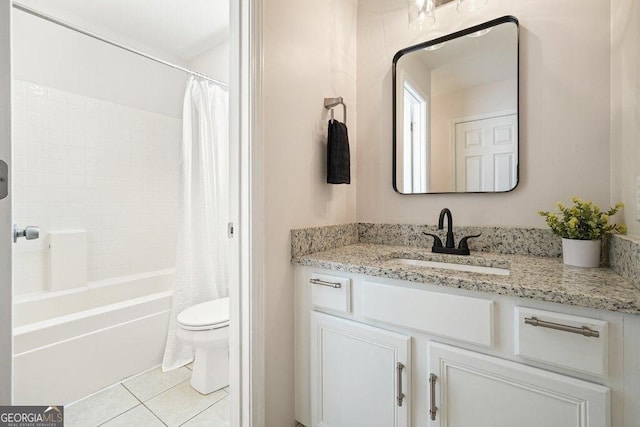 full bathroom featuring toilet, shower / tub combo, tile patterned floors, and vanity