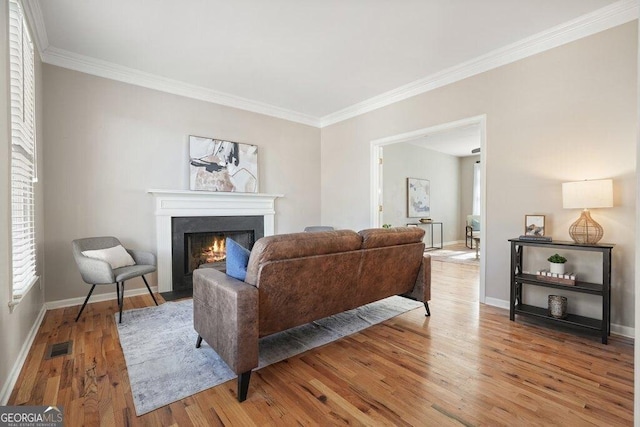 living room featuring light hardwood / wood-style floors and ornamental molding