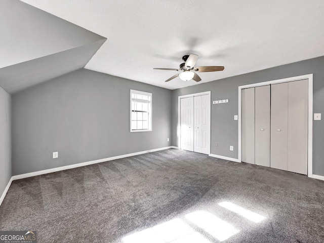 additional living space featuring ceiling fan, lofted ceiling, and carpet floors